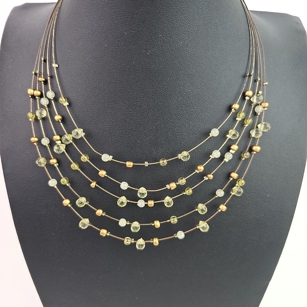 Vintage Floating Beaded Necklace Space Age Gold Tone Clear Multi Wire Strand
